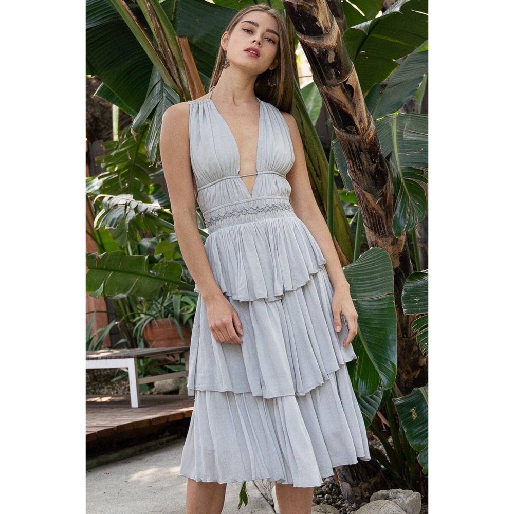 🆕 Dove Grey Tiered Midi Open Back Dress